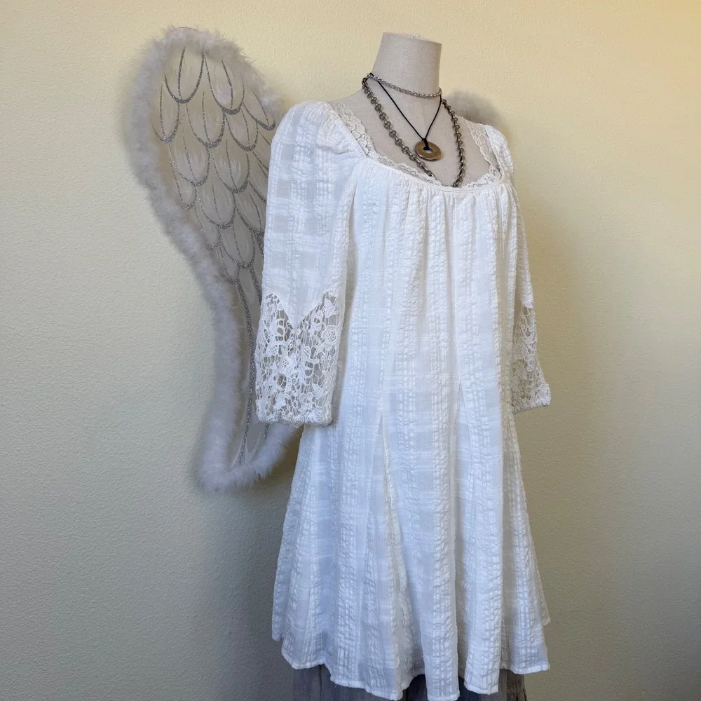 White Gauze Lace Dress Boho Peasant Square Neck Feminine Mori Girl Cottagecore‎
